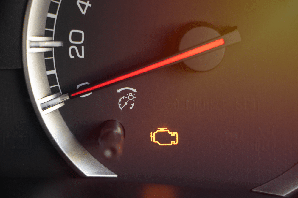 Check engine warning light illuminated on a vehicle dashboard indicating a possible engine or sensor issue.